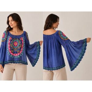 Ruby Yaya XS Blue Embroidered Boho Peasant Top Bell Sleeve 100% Viscose